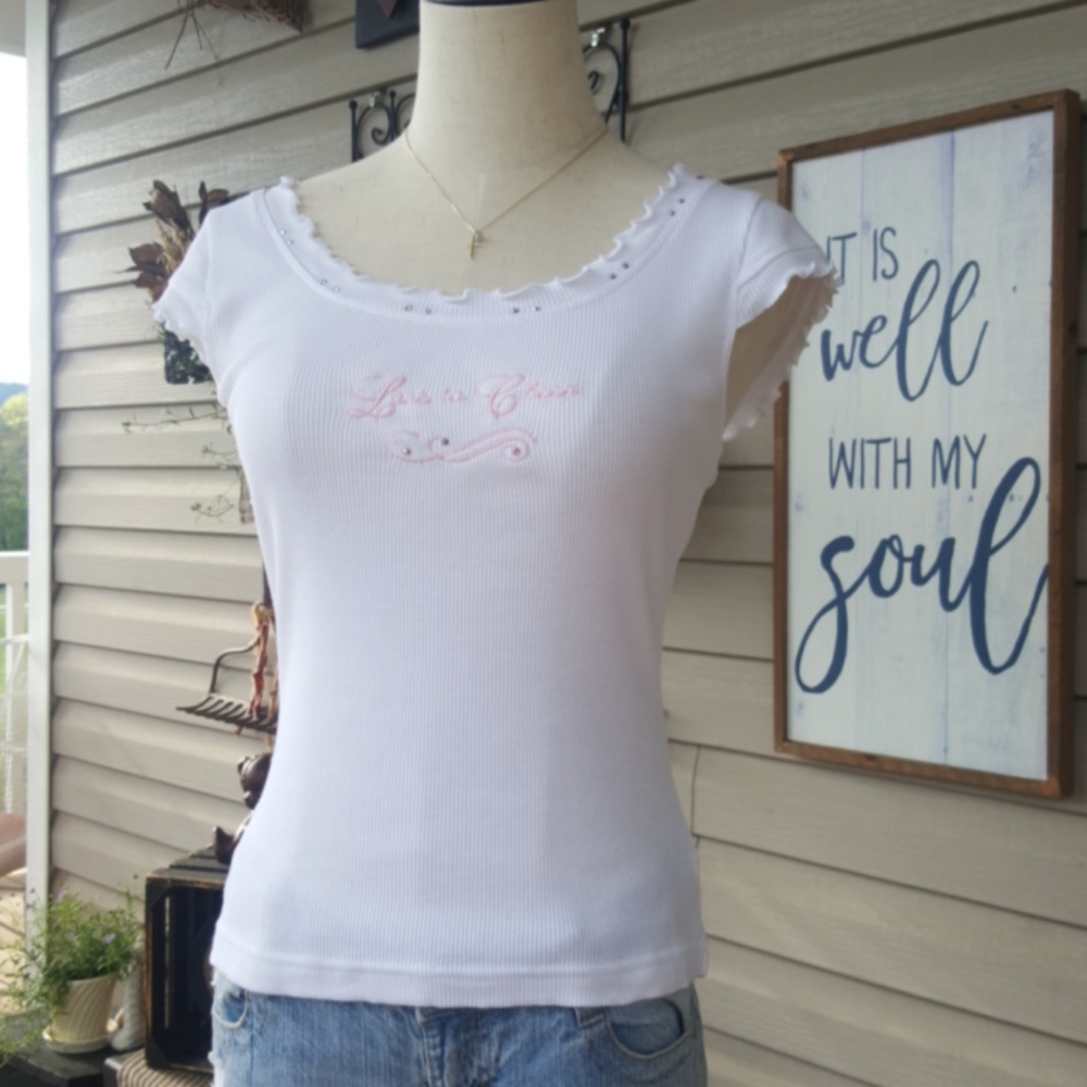 KAVIO ♡ White Embroidered Pink "Love to Cheer" Ruffled Embellished Bling Top XL